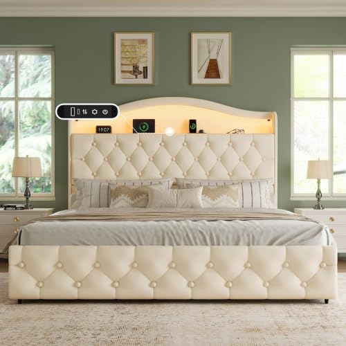 Queen Size Bed Frame and Headboard & 4 Storage Drawers | Upholstered Platform Bed Frame with RGB LED Lights & Charging Station, No Box Spring Needed, Easy Assembly, Noise-Free, Beige