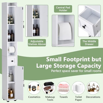 VECELO Tall Narrow Storage Cabinet with Adjustable Shelves, Slim Freestanding Bathroom Cabinet with Toilet Paper Holder, 2 Magnetic Doors & Drawer, for Small Spaces, 7.9" D x 7.9" W x 67" H, White - color: Cabin Top