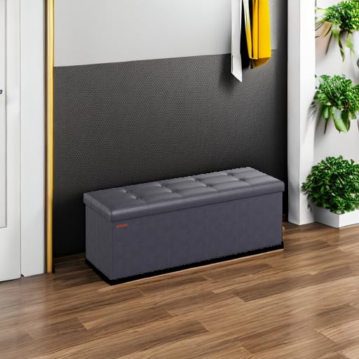 SONGMICS Mazie Collection - 43 Inches Folding Storage Ottoman Bench, Ottoman with Storage, Foot Rest Stool, Load 660 lb, for Living Room, Synthetic Leather, Dark Gray ULSF070G01 - color: Dark Gray, size: 15"D x 43"W x 15"H