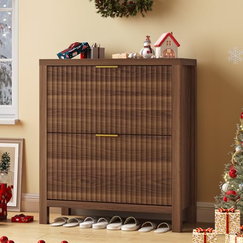 Fluted Shoe Cabinet Storage with 2 Flip Drawers for Entryway, Hallway | Narrow Shoe Rack Freestanding Shoe Organizer with Legs for Entryway，Hallway, Walnut - color: Walnut, size: 2 Drawers