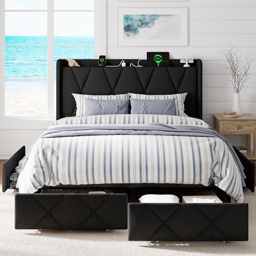 GalnFu Queen Bed Frame with 4 Storage Drawers, Upholstered Platform Bed with Charging Station, Modern Wingback Storage Headboard, Easy Assembly,Noise-Free, Black - color: Black, size: Queen