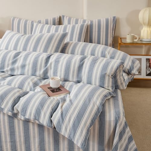 Blue Striped Duvet Cover Set Twin, 100% Washed Cotton Chic Stripes Pattern Printed Bedding Set Twin, 3 Pieces Soft Breathable Duvet Cover Farmhouse Retro Striped Comforter Cover with Zipper Closure - color: 08# Blue Striped, size: Twin(68"x86")