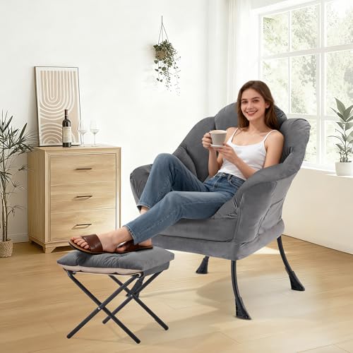 Lazy Chair with Ottoman, Modern Accent Lounge Chair with Side Pocket and Armrests, Cozy Reading Armchair with Footrest, Upholstered Sofa Chair for Small Spaces, Bedroom Living Room, Dark Grey - color: Dark Grey
