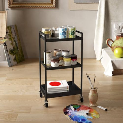 3-Tier Metal Utility Rolling Cart, Heavy Duty Multifunction Rectangular Cart with Lockable Casters, Easy to Assemble, Suitable for Office, Bathroom, Kitchen - Black - color: Black, size: 31.2"H