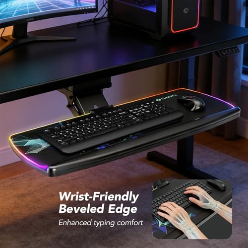 Keyboard Tray Under Desk with Storage Drawer, Height Adjustable Keyboard Tray Slide Out 360° Swivel Tilt, Ergonomic Under Desk Mount Keyboard & Mouse pad Lighting, Black - size: 25” Length with Lighting