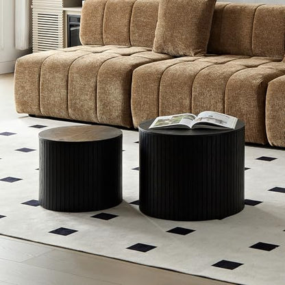 Round Nesting Coffee Table Set of 2, Wood Side Tables with Storage | Fluted Walnut Accent and End Tables Sets, Mid Century Modern, Living room, bedroom, office, small spaces, Black - color: Black With Storage