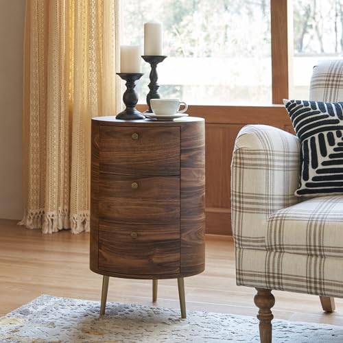 HULALA HOME Round End Table with 3 Storage Drawers, Mid Century Modern Sofa Side Table with Metal Legs, Farmhouse Wood Small Side Table for Living Room, Bedroom and Small Spaces, Walnut - color: Walnut