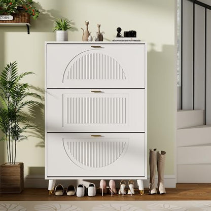 Shoe Cabinet Storage for Entryway: 32" White Slim Shoe Storage Cabinet with 3 Flip Drawers, Narrow Hidden Shoes Storage, Wood Shoes Organizer Cabinets for Hallway (1, 3-Drawers) - size: 3-Drawers
