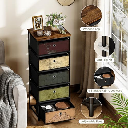 VASICAR Storage Unit with 5 Drawers, Fabric Nightstand, Wood Top | Clothes Organizer, Craft Storage Chest, Small Pattern Dresser for Bedroom, Closet, Nursery, Dorm - size: 11.8"D x 15.8"W x 37.8"H (5 Drawers)