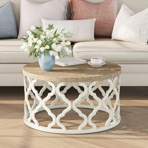 karlott Farmhouse Coffee Table, French Country Round Coffee Table, Beige | Solid Wood Veneer Tabletop, Curved Motif Frame Base, Coastal Boho Center Table, Small Rustic Coffee Tables for Living Room - size: Coffee Table 30 Inches