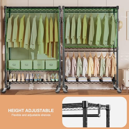 M MZG Heavy Duty Rolling Garment Rack 3 Tiers Adjustable Wire Shelving Clothes Rack with 2 Rods and Side Hooks, Storage Closet Clothing Rack with Wheels Black 17.7" D x 47.2" W x 83.6" H - color: Black, size: 3 Tiers with 2 rods, 17.7"D x 47.2"W x 83.6"H