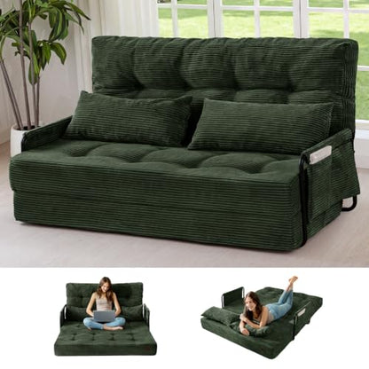 MAXYOYO Adjustable Folding Sofa Bed Couch with 2 Pillows, Dark Green | Multi-Functional Bean Bag Bed, 5-Position Foldable Lazy Floor Sofa Bed with Armrest, Versatile Floor Seating for Reading - color: Dark Green