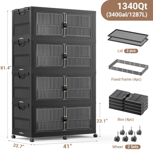 BROVIEW 1360QT Extra Large Stackable Storage Bins with Lids, 4Pack Black | 340Gal Plastic Collapsible Cabinets Containers, Wheels & PET Doors, Foldable Closet Organizers Drawers for Office, Dorm - color: Black, size: 85Gal-4Pack