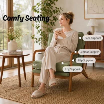 Karl home Mid-Century Modern Accent Reading Chair, Green | Linen Upholstered, Solid Wood Frame, Soft Cushion, Lumbar Pillow, Lounge Armchair for Living Room, Bedroom, Balcony, Study - color: Linen Green