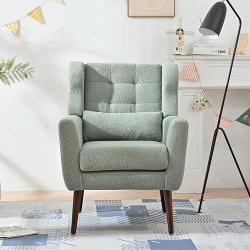 Accent Chair, Living Room Chairs with Solid Wood Legs & Pillow | Chairs Living Room with High Tufted Backrest, Reading Chair for Bedroom/Office, Teddy Fabric - color: Light Green(a)