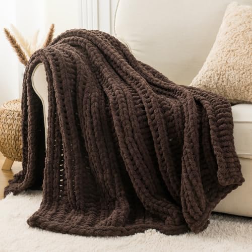 Battilo Chunky Knit Throw Blanket for Couch, 50"x60", Chocolate Brown | Hand Knit, Gift Blanket, Cozy Warm Thick Soft Chenille Throw Blanket for Bed, Sofa, Chair, Living Room - color: Brown