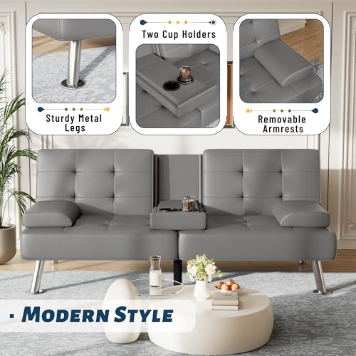 Furmax Leather Futon Sofa Bed, Adjustable Futon Couch for Living Room | Sleeper Sofa Bed with 2 Cup Holders, Reclining Futon Loveseat for Apartment, Business Office & Small Spaces | Gray - color: Grey