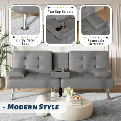 Furmax Leather Futon Sofa Bed, Adjustable Futon Couch for Living Room | Sleeper Sofa Bed with 2 Cup Holders, Reclining Futon Loveseat for Apartment, Business Office & Small Spaces | Gray - color: Grey