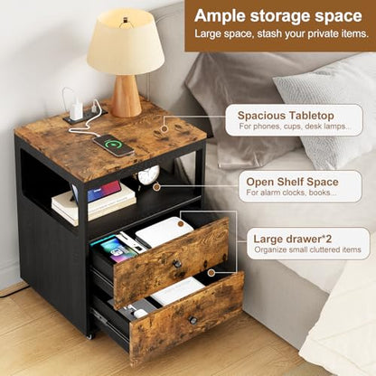 Bedroom Nightstand with Charging Station, Side Table with 2 Drawers,Sofa End Table Living Room with Wheels for Living Room Bedroom Office(Rustic Brown + Black) - color: [A2] Black & Brown