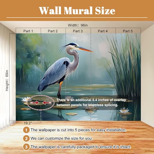 Wall Mural Bird Blue Heron Pond Natural Water Lilies Rippling Reeds Serene Peel & Stick Wallpaper Removable Self-Adhesive Large Wall Sticker Wall Decor for Bedroom Living Room Nursery 69"x96" - color: Multi6, size: 69"x96"