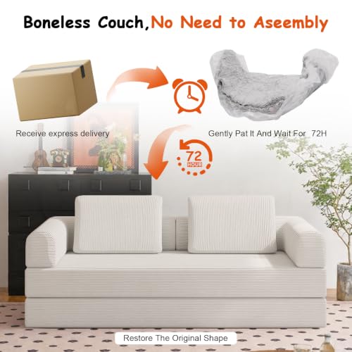 78" Convertible Sofa Bed, Corduroy Pull Out Couch with Fixed Frame & Pocket | 5-in-1 Boneless Sleeper Sofa, Couch Bed with 2 Pillows, Living Room, Small Spaces, Bedroom, No Assembly - color: 78''beige