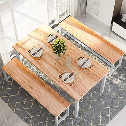 Dining Room Table Set with 2 Benches, Farmhouse Dining Table Set for 4, Wood Breakfast Dinner Table Set for Breakfast Nook Small Spaces, Beige - color: Oak