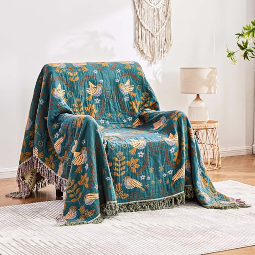 XIBLC Boho Throw Blanket, 100% Cotton Ultra Soft Luxury Throw Rustic Quilt, 50"x60" Floral Printed Farmhouse Decor Bed Summer Blankets, All Season Reversible Bohemian Throw for Bed - color: Spring Bird Blue, size: 50x60 Inch