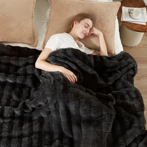 Cozy Bliss Fluffy Faux Fur Throw Blanket for Couch,Warm Cozy Soft Black Throw Blankets for Sofa Bed Living Room,60x80 Inches - color: Black, size: Twin(60" x 80")