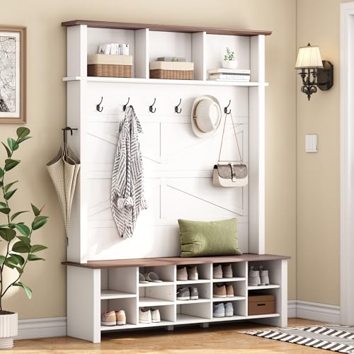 JIVOIT Farmhouse Retro Style Hall Tree, Multi-functional 4-in-1 Design Hall Tree, Practical Walnut Entryway Bench with Adjustable Shelves, Shoe Organizer with 16 Open Compartments for Entryway - color: White/07