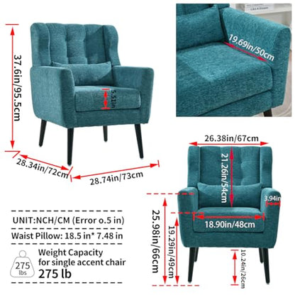 Accent Chair, Living Room Chairs with Solid Wood Legs & Pillow | Chairs Living Room with High Tufted Backrest, Reading Chair for Bedroom/Office, Chenille Fabric - color: Teal