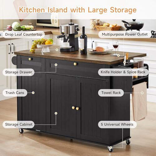 60" Kitchen Island with Power Outlet & Drop Leaf, Rolling Island with Spice Rack & Towel Rack, Kitchen Island Cart with Trash Storage Cabinet, Island Table for Kitchen, Black+Rustic Brown - color: Black+rustic Brown