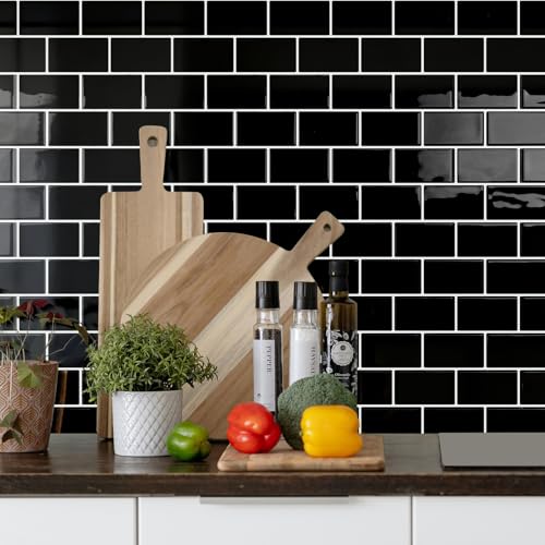 STICKGOO Subway Tile Peel and Stick Backsplash, Thicker Design 12" x 12" Stick on Backsplash Tiles for Kitchen, Bathroom, Wall Tile (10 Sheets, Black) - color: Black