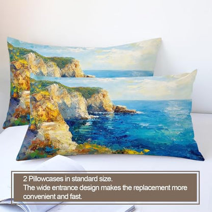 Ocean Bedding Duvet Cover Cliff Graphic Comforter Set | Turquoise Sea Duvet Cover Twin, 3 Pieces with 2 Pillowcases, Reversible Sunlit Coast Bedding with Zipper - color: Cliff Graphic, size: Twin (68 x 88 in)