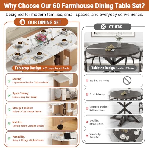 5 PCS Farmhouse Dining Table Set for 4,60" Large Round Folding Dining Table Set w/ 4 Leather Chairs, Drop Leaf Oval Modern Kitchen Table for Small Spaces,6 Wheels,2-Layer Storage Shelf,White Marble - color: White Marble