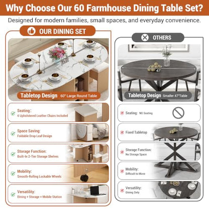 5 PCS Farmhouse Dining Table Set for 4,60" Large Round Folding Dining Table Set w/ 4 Leather Chairs, Drop Leaf Oval Modern Kitchen Table for Small Spaces,6 Wheels,2-Layer Storage Shelf,White Marble - color: White Marble