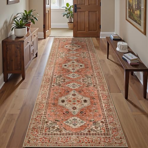 Tangsoo Boho 2.6x8 Washable Runner Rugs for Hallway, Runner Rug Non Slip | Vintage Soft Low Pile 8ft Long Runner Rug, Oriental Terracotta Carpet Runners for Kitchen Bedroom Entryway Living Room Decor - color: Terracotta/Tan, size: 2'6" X 8' (Runner)