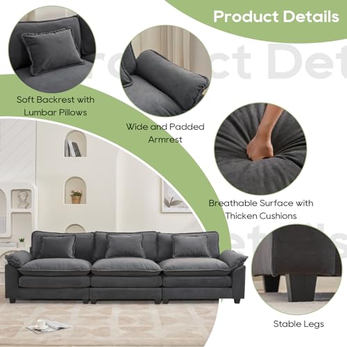 120" Modular Sectional Sofa, Comfy 3 Seater Deep Cloud Couch | Couches for Living Room, Modular Couch, Deep and Wide Seat, Velvet Sofa Sleeper with Throw Pillows, Blue Grey - color: Blue Gray, size: 120 Inch