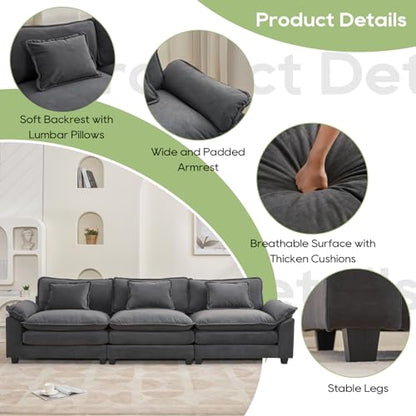 120" Modular Sectional Sofa, Comfy 3 Seater Deep Cloud Couch | Couches for Living Room, Modular Couch, Deep and Wide Seat, Velvet Sofa Sleeper with Throw Pillows, Blue Grey - color: Blue Gray, size: 120 Inch