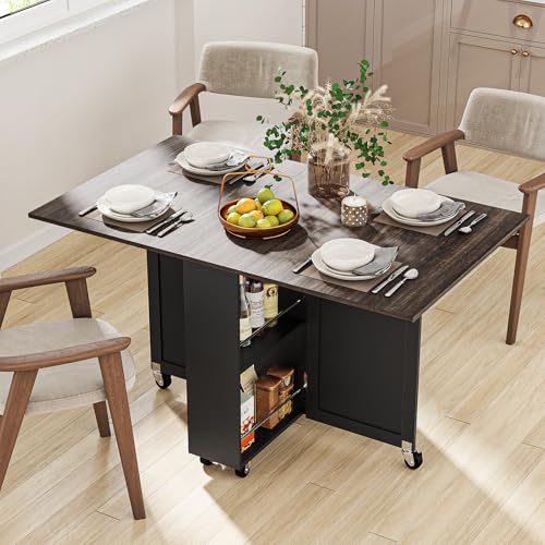 Folding Dining Table for 2-6, Easy Assembly, Dark Brown+Black | 52.7" Folding Dining Table with 6 Wheels, Drop Leaf Table with Drawers, Shelves and Wine Rack for Small Spaces - color: Dark Brown