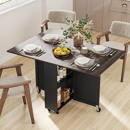 Folding Dining Table for 2-6, Easy Assembly, Dark Brown+Black | 52.7" Folding Dining Table with 6 Wheels, Drop Leaf Table with Drawers, Shelves and Wine Rack for Small Spaces - color: Dark Brown