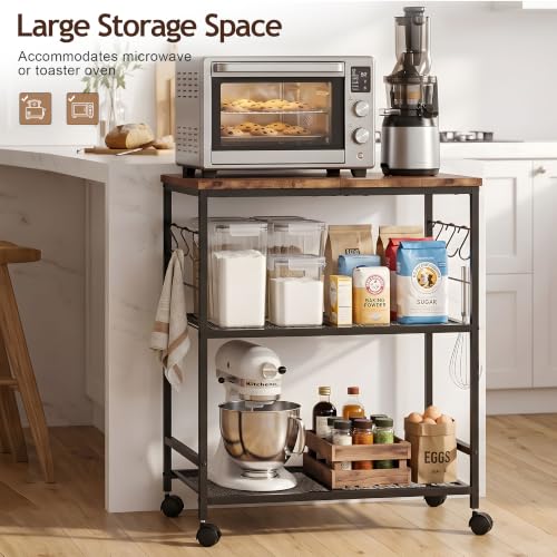3-Tier Rolling Kitchen Microwave Cart with Storage, Mobile Kitchen Utility Cart with 2 Lockable Wheels, Coffee Bar Table Station with 6 S-Shaped Hooks for Kitchen Island, Living Room, Rustic Brown