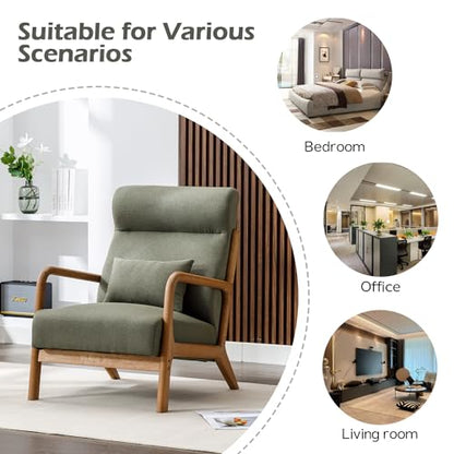 Mid Century Modern Accent Chair with High Back, Upholstered Living Room Chairs with Waist Cushion, Wood Frame Reading Armchair for Bedroom Sunroom, Green - color: Blackish Green