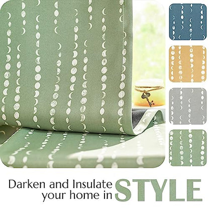 jinchan Boho Blackout Curtains 63 Inch Length Moon Phase Printed Drapes | Sage Green Farmhouse Curtain for Bedroom Living Room Back Tab Drapes Room Darkening Window Treatment 2 Panels - color: Luna | Sage Green, size: 52"W x 63"L (Pack of 2)