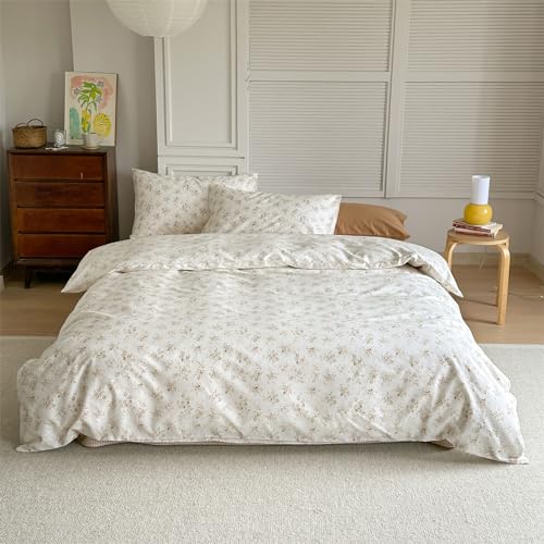 Floral Duvet Cover Full Size Coquette Off White Comforter Cover Full Boho Cotton Cute Lightweight Duvet Cover Set with Hidden Zipper Chic Soft Bedding Set Breathable Duvet Protector - color: B Floral02, size: Full(Duvet Cover and 2 Pillows Sham)