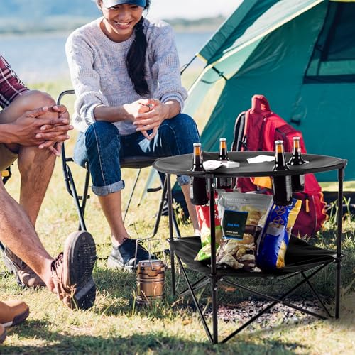 Camping Table - 2-Tier Folding Table with 4 Cupholders and Carry Bag for Picnic, Tailgate, Beach, or Camp - Camping Gear by Wakeman Outdoors (Black) - color: Black