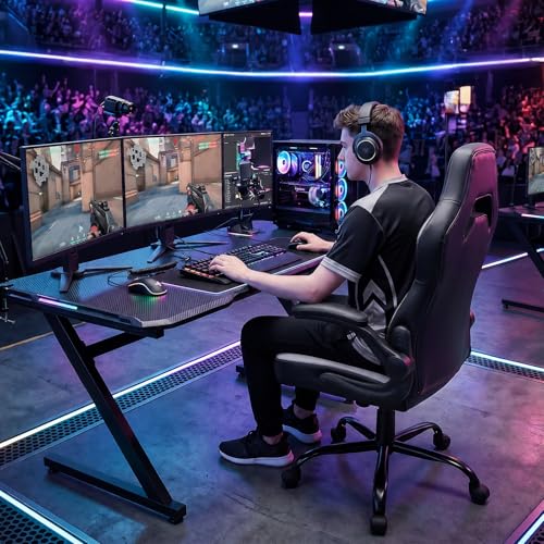 Sweetcrispy Computer Desk Chair, Lumbar Support Video Game Chair PU Leather | PU Leather Flip-up Armrest, Height Adjustable, 360 Swivel for Adults, Black Grey - color: Black Grey