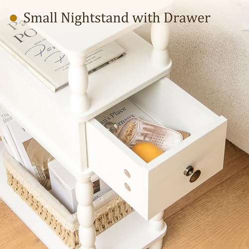 MaxSmeo White Narrow End Table, Small Side Table Living Room, Skinny Bedside Table Nightstand with Drawer for Small Spaces, Bedroom (White) - color: White
