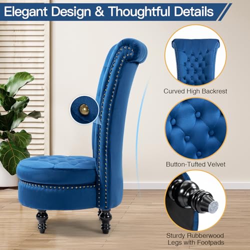 AVAWING High Back Velvet Tufted Throne Chairs with Storage Set of 2, Blue | Tufted Nailhead Design; Hidden Storage; Soft Velvet; Sturdy Wood Legs 330Lbs; High Density Foam; Ergonomic Back - color: Blue