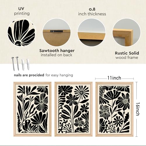 Black Abstract Floral Wall Art 11x16 3pc, Boho Flower Prints Framed Decor | Natural Wood Frame With Vintage Retro Style. Black floral Artwork for Living Room, Bedroom, Office, or Bathroom. - color: Abstract Floral Botanical (Wood), size: 11"L x 16"W