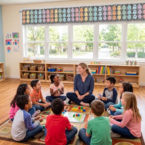 Hahafelt 4 Pcs Classroom Curtains Composition Pastel Smile Face Window Valances Curtains 54" W x 18" L Simple Rod Pocket Back to School Window Treatment for Classroom Living Room Bedroom Kitchen - color: Pastel, style: Composition Smile Face